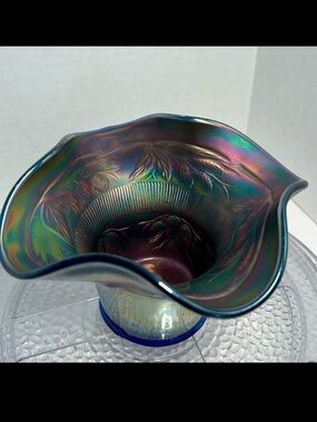 Antique Fenton Carnival Glass Blackberry Spray Hat Bowl Iridescent Ruffled Edge